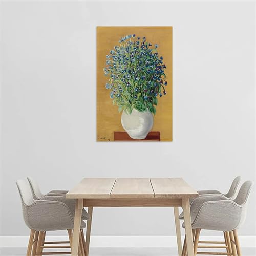 Tableau abstrait fleurs bleues grand format déco murale vintage toile