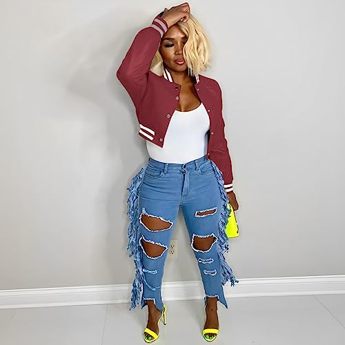 Image of Mintsnow Womens Varsity Jacket Long Sleeve Button Down Bomber Jackets Casual Baseball Uniform Streetwear