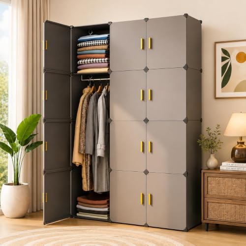Image of 12 Door Plastic Wardrobe for Kids - Cupboard for Clothes Storage Rack, Almirah for Clothes, Baby Collapsible Wardrobe, Multi-Purpose Kids Storage Organizer for Books,Toy (Grey-HN3, 12-Door)
