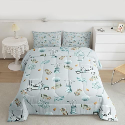 Image of Feelyou Blue Golf Comforter Set Toddler Size Leaves Bedding Set for Kids Boys Girls Sports Golfing Theme Duvet Quilt Bedroom Decor Microfiber 2 Pcs with 1 Pillow Cases