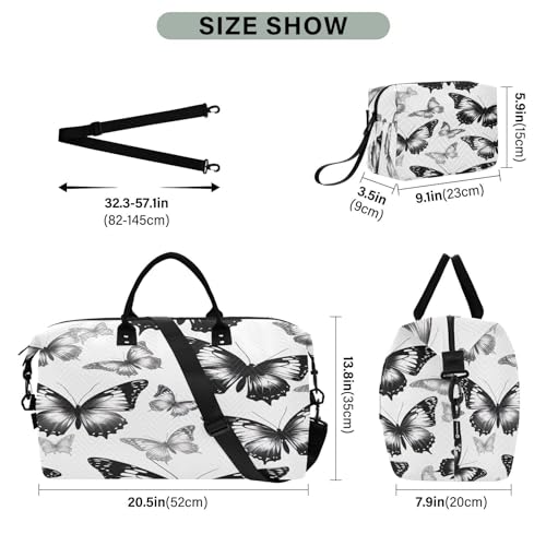 Travel Duffel Bag Large Weekender Overnight Bags for Women Men, Black White Butterflies Gym Bag with Toiletry Bag3