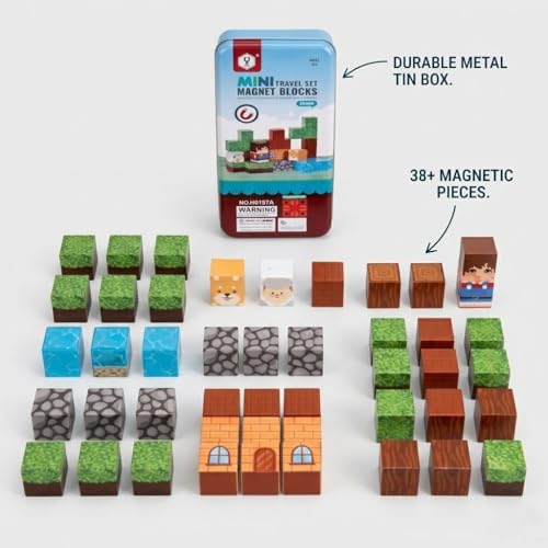 Image of Happy Hues 38Pcs Mini Magnetic Blocks Travel Set - Pixelated Building Cube Magnets with Storage Tin - STEM Educational Toy, Screen-Free Road Trip Travel Toy for Kids Boys Girls Ages 3+