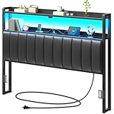 Rolanstar Headboard for Queen Size Bed with Storage, 60,000 DIY Color of LED Light, Head Board with USB, Type C Port, Height Adjustable, Black Upholstered Cabeceras de Cama Comfortable Modern, Leather