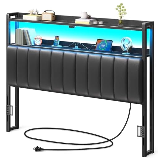 Rolanstar Headboard for Queen Size Bed with Storage, 60,000 DIY Color of LED Light, Head Board with USB, Type C Port, Height Adjustable, Black Upholstered Cabeceras de Cama Comfortable Modern, Leather