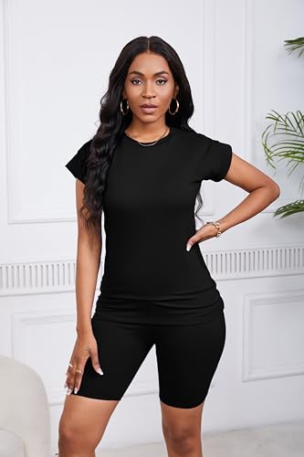 PINSV Women 2 Piece Outfits Summer Sweatsuits Biker Short Workout Jogger Sets3