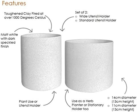 White Toughened Ceramic Utensil Holders Set 2 - White with Black speckles 14cm + 11cm - Kitchen Utensil Holder and Bathroom Use