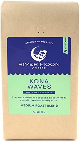 River Moon Coffee, Kona Coffee Whole Bean, Medium Roast, 2 lbs, Kona Waves Hawaiian Coffee Blend, Sustainably Farmed, 32 Ounces, 100% Arabica