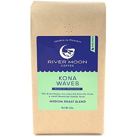 River Moon Coffee, Kona Coffee Whole Bean, Medium Roast, 2 lbs., Kona Waves Hawaiian Coffee Blend, Sustainably Farmed, 32 Ounces, 100% Arabica Cover
