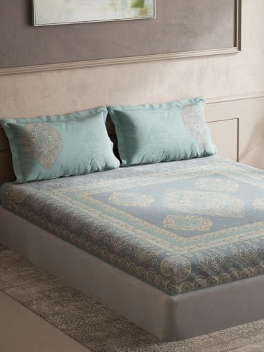 Image of DDECOR Live Beautiful 100% Pure Combed Cotton King Flat Bedsheet with 2 Pillow Covers | Ethnic 145TC | Soft, Comfortable & Perfect for Everyday Use | Souvenir Collection | 254 CM X 274 CM - Blue