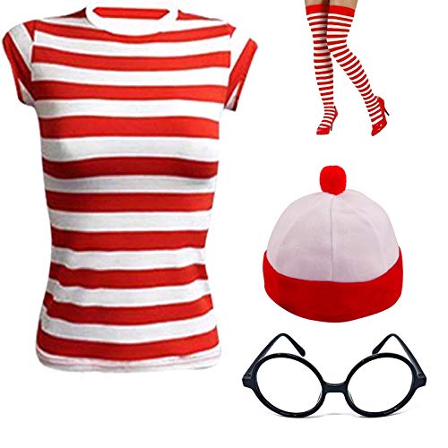 Bismaa Ladies Women's Girls RED & White Strips T-Shirt KIT Hen Party Fancy Dress Costume Book Day stag Night (L/XL)
