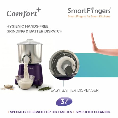 Image of SmartFingers Comfort + Table Top Wet Grinder 230V, 3 Liter, Violet with Coconut Scrapper & Atta Kneader Attachment | Hands-Free Batter Dispenser | Top Wiper, 220W Motor | 5 Years Warranty | AISI 304