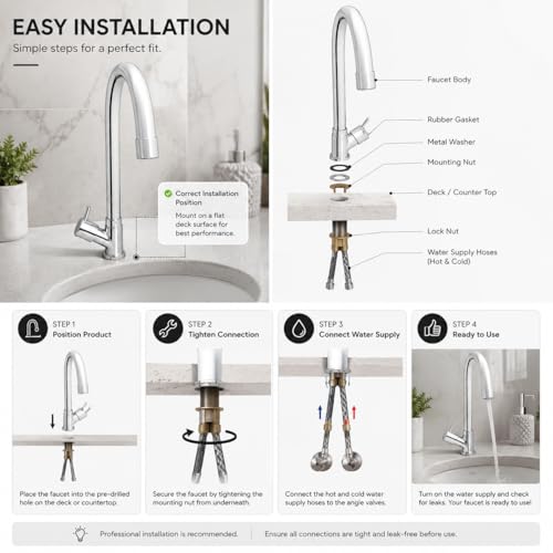Image of ZAP CurveFlow Swan Neck Kitchen Tap | 360 Swivel Long J Bend Faucet | Solid Brass Body with Chrome Finish | Deck Mounted Sink Tap for Kitchen, Wash Basin & Utility Area