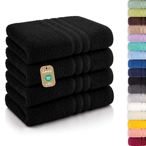 Lavea® 4er Set Handtücher 50x100 cm, Elena Frottiererie, 100% Baumwolle, Frottier Badetuch, saugstark und weich, Sporthandtuch, 60°C waschbar, trocknergeeignet, Handtuch Set, Frottee, Schwarz