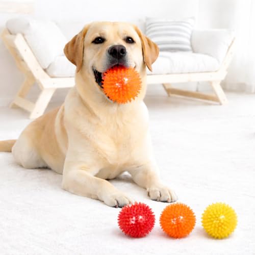 3 Elastic Natural Bouncy 3.5” Large Rubber Ball with Spikes and Squeaky Sound Toy for Dogs and Cats
