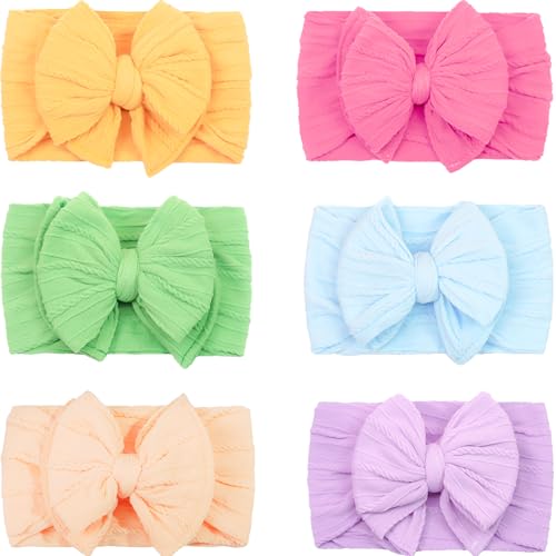 Image of CÉLLOT 6 Pcs Super Stretchy Soft Handmade Headbands with Double Bows Head Wrap Nylon Hair Accessories For Newborn Baby Girls Infant Toddlers Kids(Green)