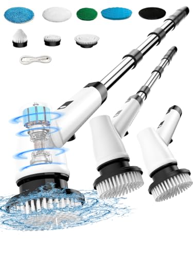 KEROMEE Electric Spin Scrubber, Handheld Adjustable Shower Scrubber with Long Handle, Cordless Cleaning Brush with 7 Replaceable Brush Heads for Cleaning Kitchen, Tub, Tile, Floor, Sink, Bathtub