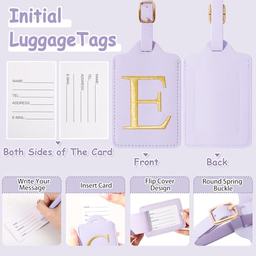 Image of Initial Luggage Tags for Suitcases, Cute Embroidered Letter Luggage Bag Suitcase Identifier Name Baggage Tag, PU Leather Travel Luggage Tags, Bag Tags for Men Women Kids Luggage Handbags(Purple E)