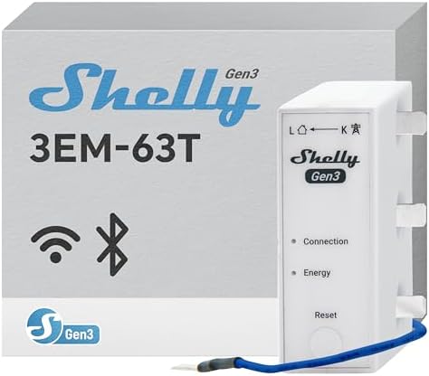 Shelly 3EM-63T Gen3, Wi-Fi Three Phase or Single Phase Installations Energy Meter, 4-Quadrant Measurement, Flat Terminals, No Load Threshold, Photovoltaic Ready, No Hub Required, Accuracy Class B