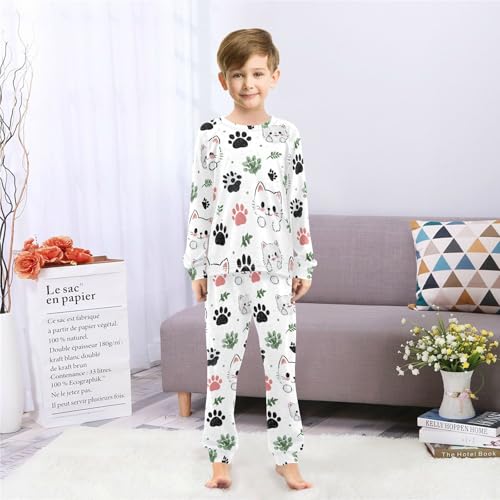 Long Sleeve Pajama Set for Girls Boys,Cute Cats and Prints Comfy Crewneck Sleepwears,Soft Kid's Homewear Clothes Underwear Sets 3T4