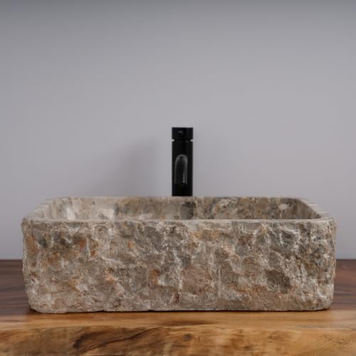 Natural Gray Hand-Carved Rectangular Marble Vessel Sink, 20" x 14" x 5.5"