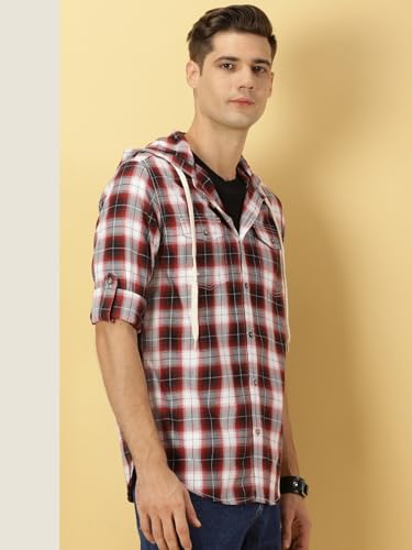 Image of Thomas Scott Men's | Checks | Full Sleeve | Regular Fit | 100% Cotton | Hooded | Casual Shirt