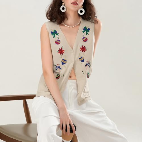 Image of Women Christmas Sweater Vests Santa Claus Print Sleeveless Knit Cardigan Vest Christmas Holiday Tank Top