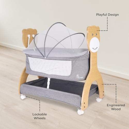 Image of R for Rabbit Lullabies Woodsy 2 in 1 Manual Swing Wooden Cradle Newborn Baby Convertible Cot Bassinet with Mosquito Net, Lockable Wheels & Storage Space for Kids 0-12 Months, Upto 12 Kg (Dark Grey)