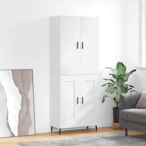 Bucmath Highboard blanco 69,5 x 34 x 180 cm, armario de madera con puertas, patas de metal, mucho espacio de almacenamiento para salón, cocina