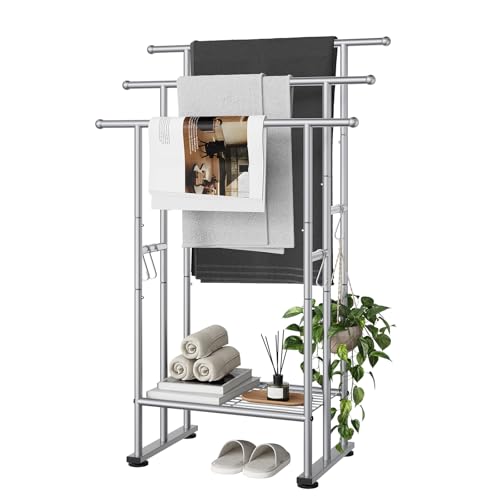 Image of ELYKEN 3-Tier Freestanding Towel Rack, Fixed-Height Bars Highest 101CM, Heavy Duty Metal Floor Towel Stand with Bottom Shelf, Multi-Purpose Bathroom Laundry Room Storage Organizer, Sliver - Square