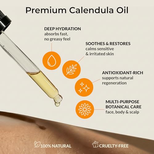 Organic Calendula Oil For Sensitive Skin - USDA Certified 100% Natural Plant Based, Lightweight & Unscented Gentle Soothing Oil For Sensitive Skin - For Face, Skin & All Over - 1 Fl Oz Glass & Dropper