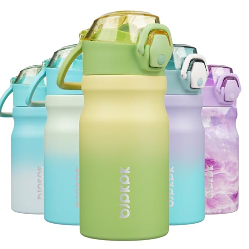Image of BJPKPK 14 oz Insulated Water Bottle, Straw, Handle, Stainless Steel Flask | Leak Proof Locking Lid, Double Wall Vacuum, Keeps Hot /Cold, BPA Free, Dishwasher Safe, Travel & Sports, Lime