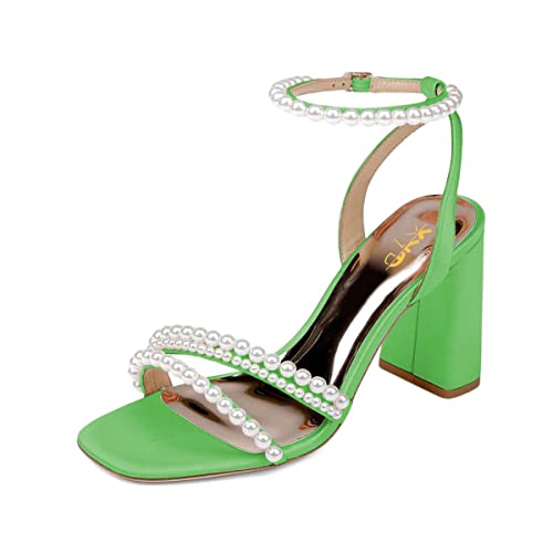 XYD Women's Pearl Strappy Bridal Open Toe Sandals Block High Heels Ankle Strap Dress Prom Cocktail Shoes Size 9 Green