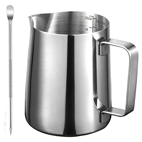 Milk Jug 600ml 20oz Espresso Milk Frothing Pitchers 304 Stainless Steel Barista Cup for Making Coffee Cappuccino with Decorating Art Pen Cover