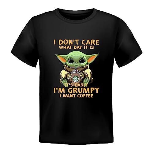 Image of Unisex Regular Fit Baby Yoda I Dont Care What Day It is It's Early I'm Grumpy I Want Coffee Graphic Printed T-Shirt, Star Wars