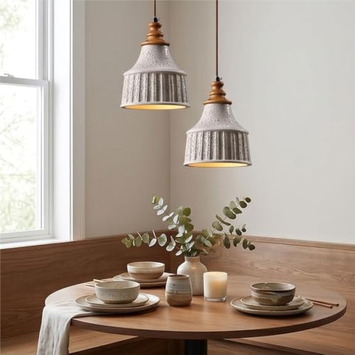 Lámpara colgante de hormigón y madera con cable ajustable para techo de comedor 3