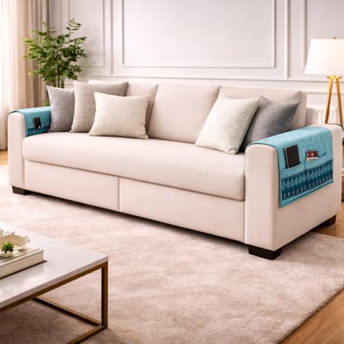 Image of KINGLY Armrest Cover with Pocket | Anti-Slip Sofa Arm Protector | Washable Arm Cover | Mint Blue
