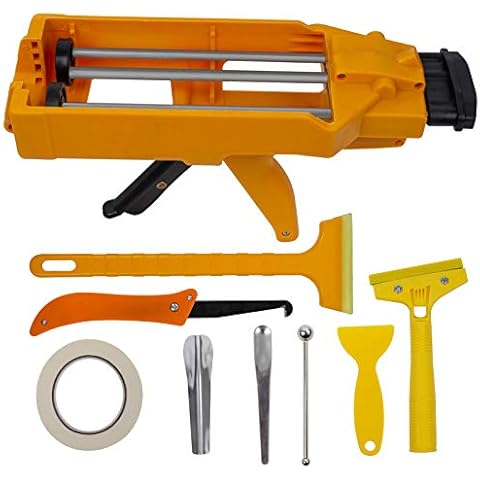 NADAMOO Double Caulking Gun for 400 mL/13.5 fl oz (1:1 Mix Ratio), Dual Component Epoxy Applicator with 8 Pieces Caulk Tools, Hand Manual Double Cartridge Panel Bond Adhesive Dripless Caulk Gun Cover