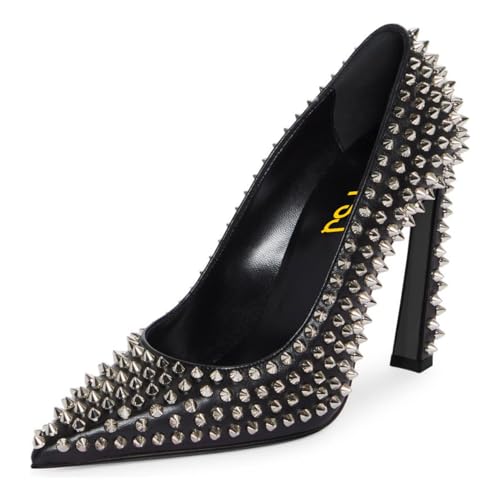 FSJ Women Classic Pumps Closed Pointed Toe Slim High Heel Fashion Studded Rivets Slip On Cocktail Party Prom Sexy Dress Shoes Size 4-16 US
