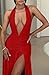 Memoriesea Women's Sexy Halter Deep V Neck High Slit Ruched Party Cocktail Maxi Dress Red