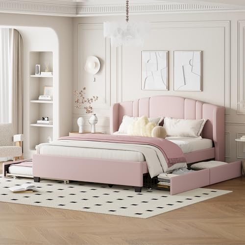 BEDGJH Upholstered Platform Bed Queen Size with Wingback Headboard, Twin Trundle and 2 Drawers for Kids Teens Adults, No Box Spring Needed (Pink)