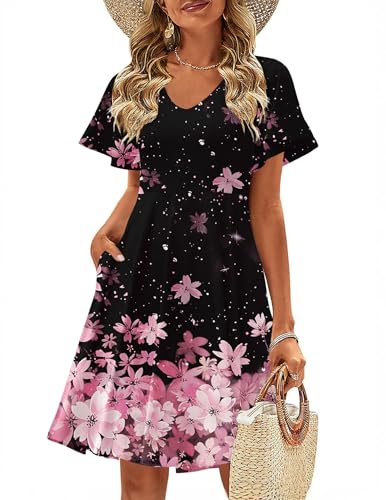 Zeagoo Womens Summer Dress Casual Swing Floral Ruffle Short Sleeve Sundresses Beach Mini A-line Shift Dress 2025 with Pockets