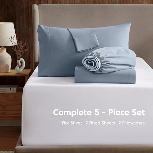 Image of Nestl Split King Bed Sheet Set - Stone Blue - 5-Piece Deep Pocket | Instantly Soft, Night-One Ready (No Wash Required). Fits 16-Inch Deep Pockets, 360-Degree Elastic Grip