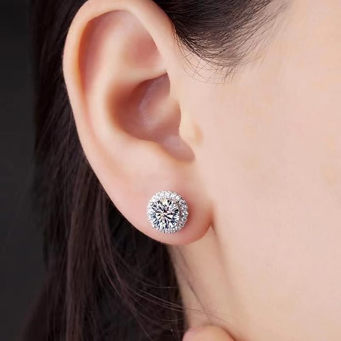 Image of GRA Certified 925 Sterling Silver Stud Moissanite Stud Earrings, 1-4ct DF Color Brilliant Halo Round Cut Moissanite Earrings 925 Sterling Silver Friction Back for Women