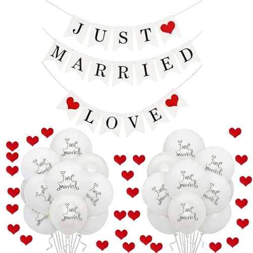 Just Married Decorations Romantic Wedding Banner Set with Balloons Perfect Just Married Banner for Engagement & Anniversary Party Elegant Just Married Ornaments for Wedding Ceremony Decor