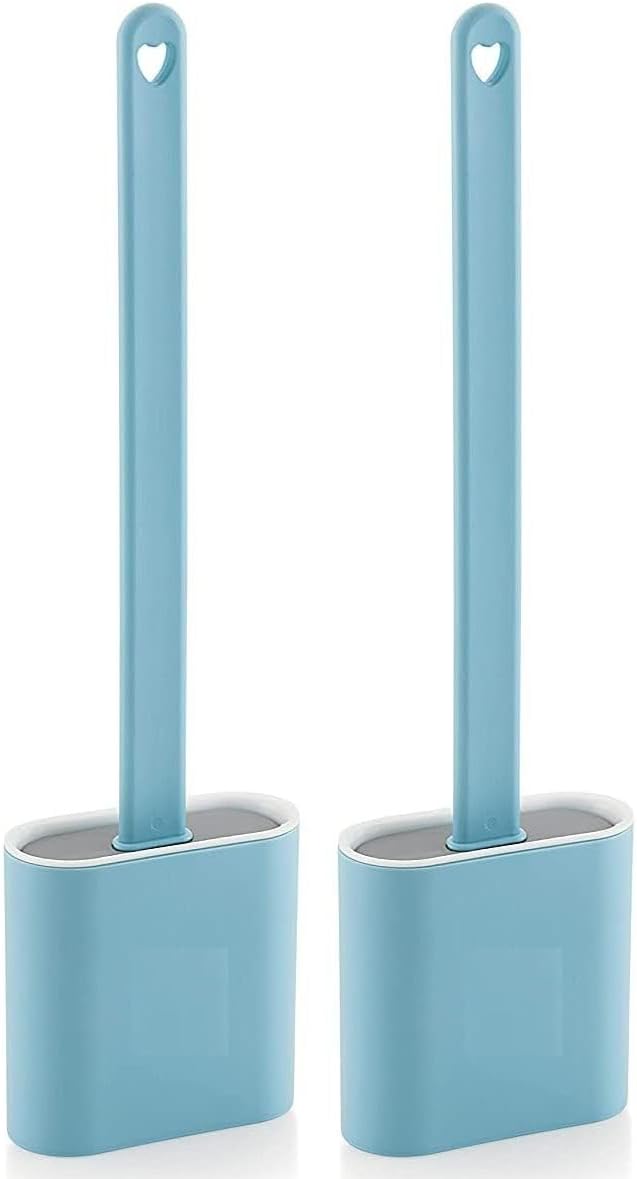 MHR Silicon Toilet Brush (Pack of 2) with Plastic Holder Slim Flex Toilet Cleaner Brush Anti-drip Set, No-Slip Long Handle Soft Silicone Brush (Pack of 2, Blue)