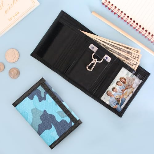 Image of Kids Wallet for Boys Girls Teens Trifold, Canvas Toddler Wallet for Boys, Cute Zipper Wallets Youth with Coin Pocket Card Holders, Novelty Wallets for Childrens Birthday Gifts, Camo blue, 3.15