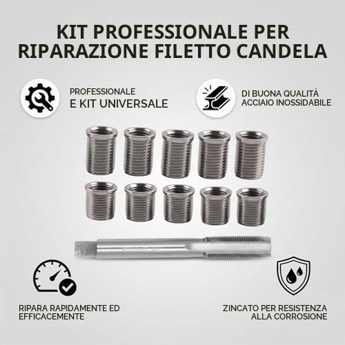 Kit di Riparazione della Filettatura della Candela, 10 Inserti Filettati M10x1.0 e 1 Maschio Filettato M12x1.0, Strumenti per Rubinetto della Candela per la Riparazione delle