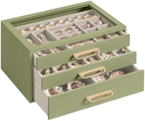 SONGMICS Jewelry Box with Glass Window, 3-Layer Organizer