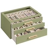 SONGMICS 3-Layer Jewelry Box with Glass Window, Jewelry Storage Organizer with 3 Drawers, Golden Handles, for Rings, Earrings, Bracelets, Gift Idea, Sage Green, 6.3 x 9.4 x 4.9 Inches UJBC206CE01S