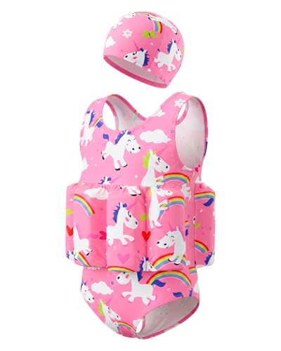 Image of DivingBirds Toddler Floatie Swimsuit with Hat for Boys Girls, Sleeveless Swim Suit with Floatation, 1-6Y